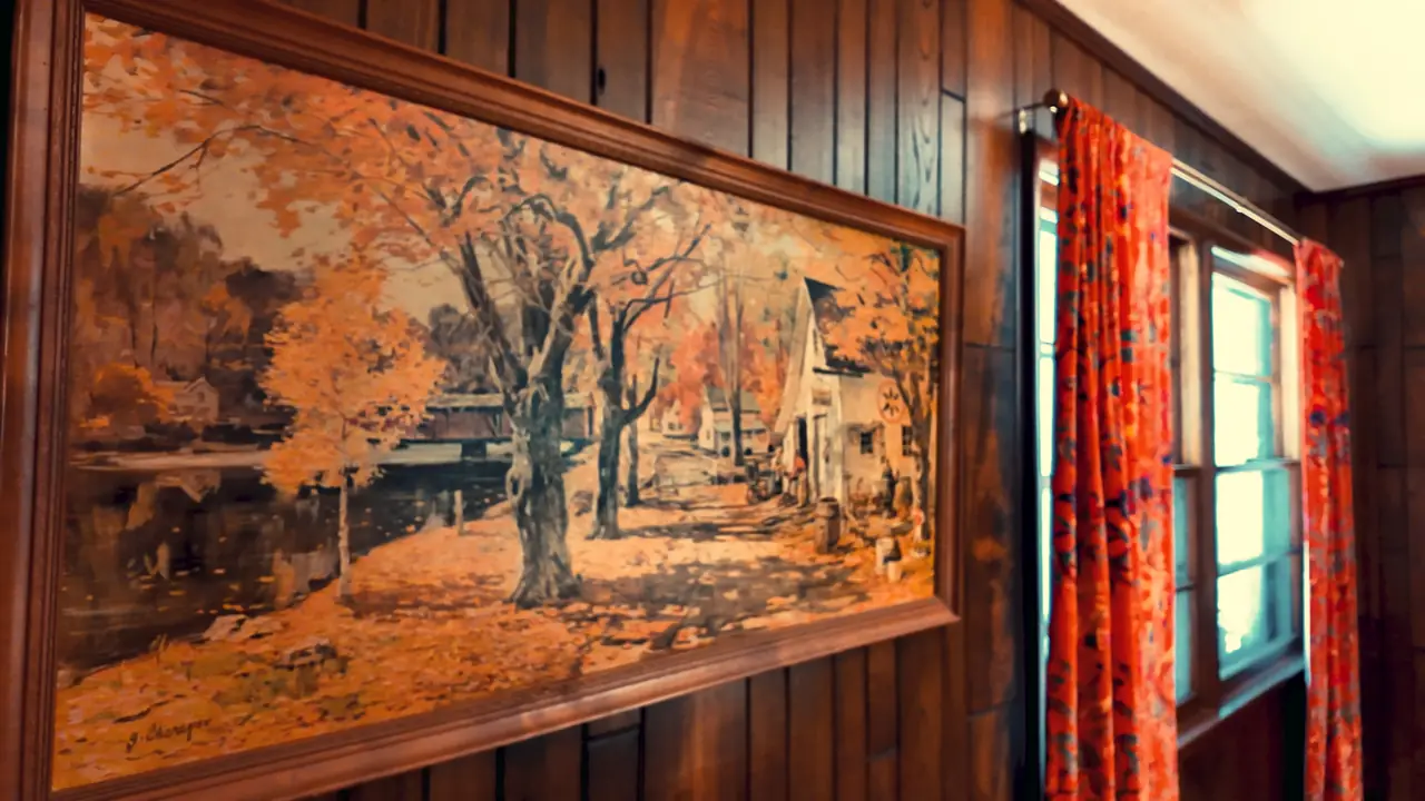A large framed autumn landscape painting on a paneled wall beside a red patterned curtain