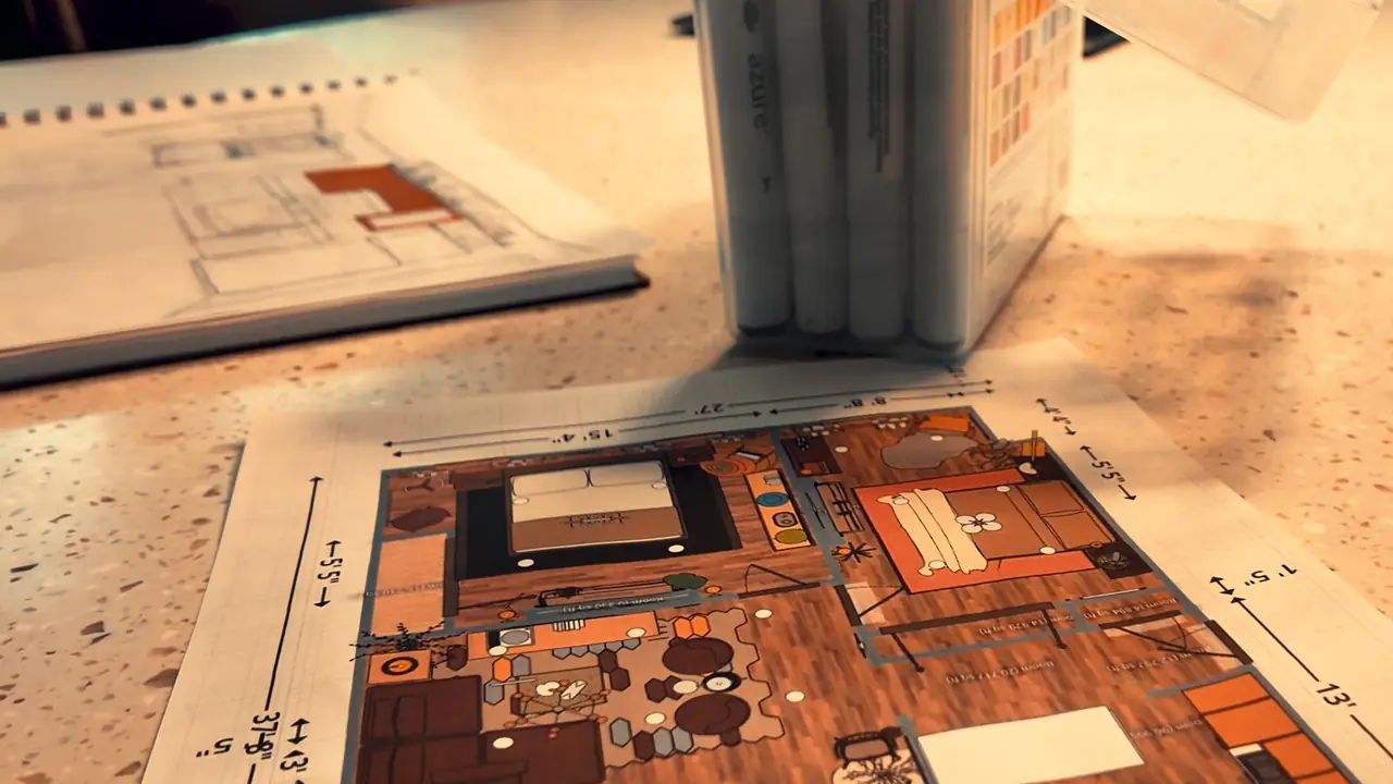 A printed design file on a countertop: a color floor plan with measurements, beside a stack of sample books